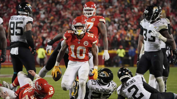 Jan 21, 2023; Kansas City, Missouri, USA; Kansas City Chiefs running back Isiah Pacheco (10) reacts after running the ball against the Jacksonville Jaguars during the second half in the AFC divisional round game at GEHA Field at Arrowhead Stadium. Mandatory Credit: Denny Medley-USA TODAY Sports